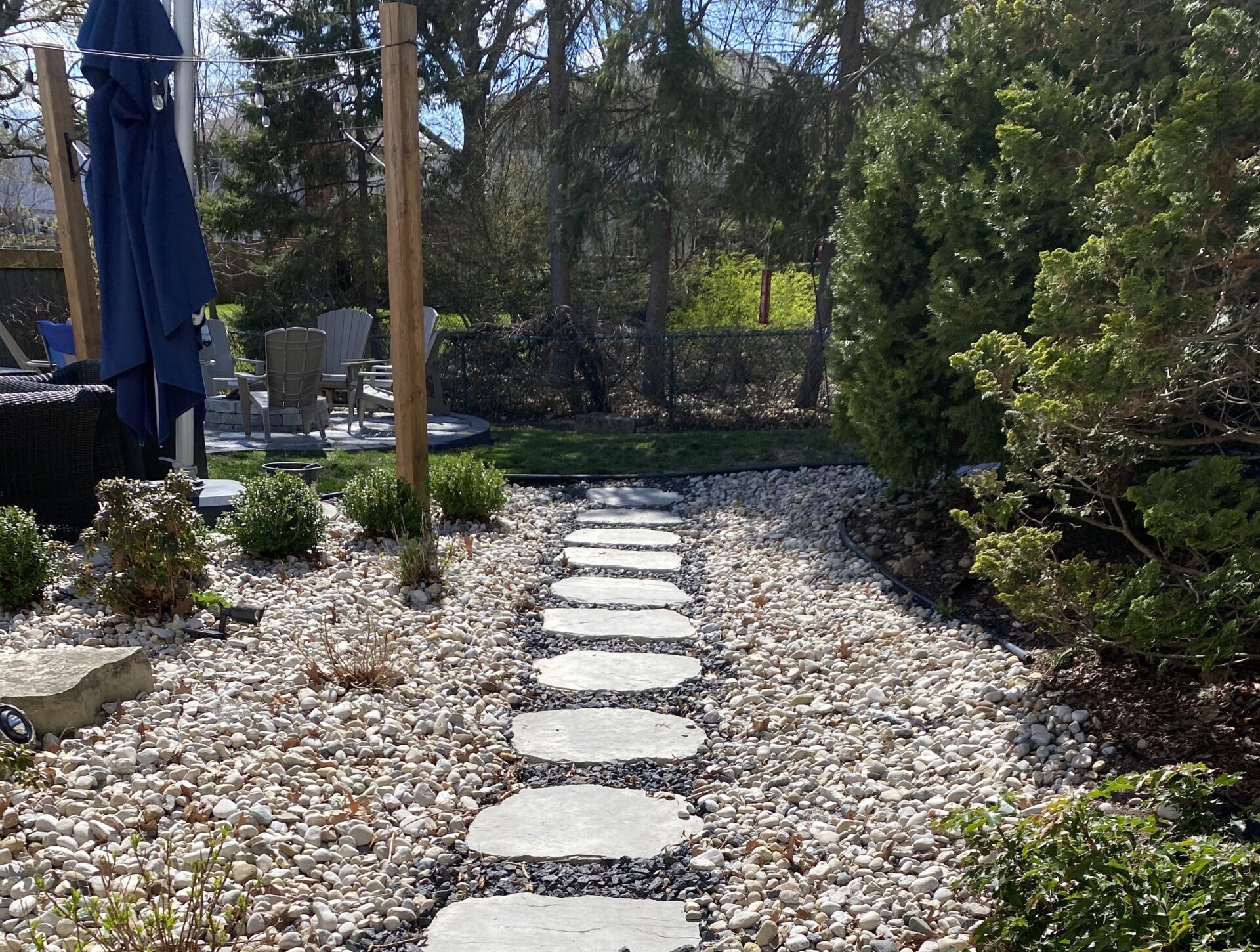 Pathway made of stone stepping stones surrounded by decorative gravel and lush greenery, showcasing professional landscaping services for outdoor spaces.