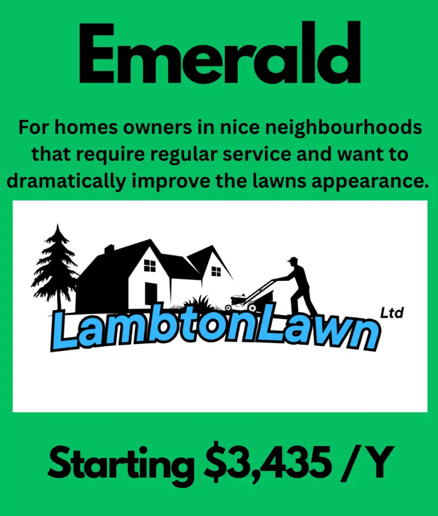 Promotional image for Lambton Lawn Ltd, showcasing their Emerald landscaping service designed for homeowners in upscale neighborhoods. The service focuses on regular maintenance to enhance lawn appearance, with a starting price of $3,435 per year.