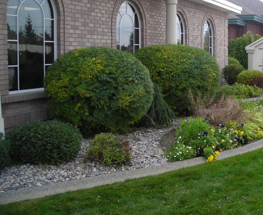 Lush landscaping featuring well-trimmed bushes, colorful flower beds, and decorative gravel pathways, enhancing the exterior appeal of a residential property.