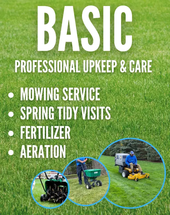 Alt text: Professional landscaping services featuring mowing, spring tidy visits, fertilization, and aeration. The image highlights tools and equipment used for lawn care, emphasizing quality upkeep and maintenance for healthy grass.