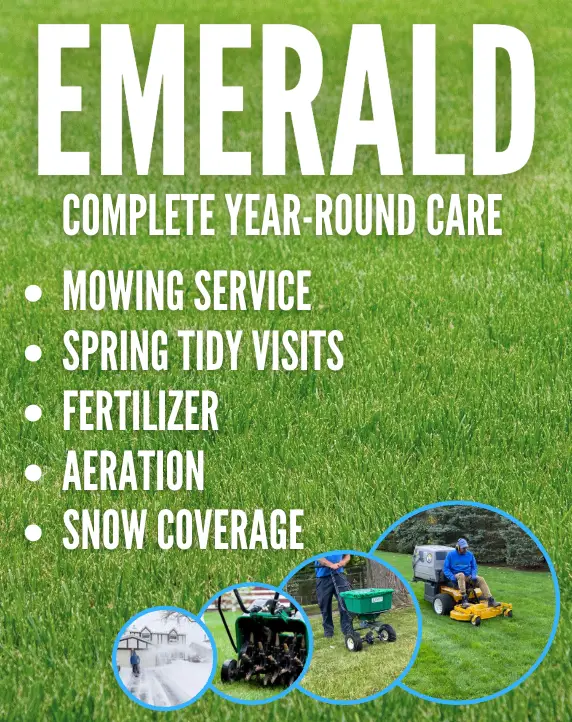 Emerald Landscaping offers complete year-round care services including mowing, spring tidy visits, fertilization, aeration, and snow coverage, showcased on a lush green lawn background.